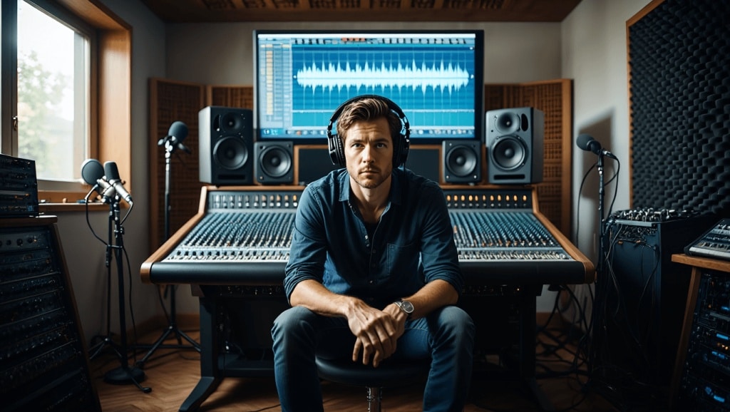 Home studio complet avec interface audio, enceintes de monitoring, microphone