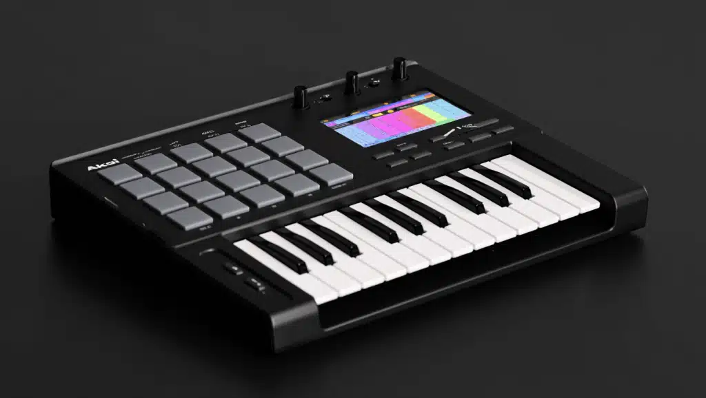 La workstation Akai MPC Key 37 G2 en finition crème vintage, vue de trois quarts face, montrant le clavier 37 touches, les 16 pads RVB et l