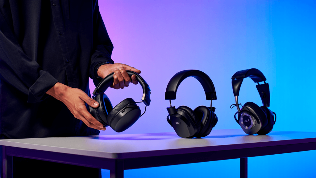 Casque AIAIAI blanc entouré de composants modulaires TMA-2 sur fond noir
