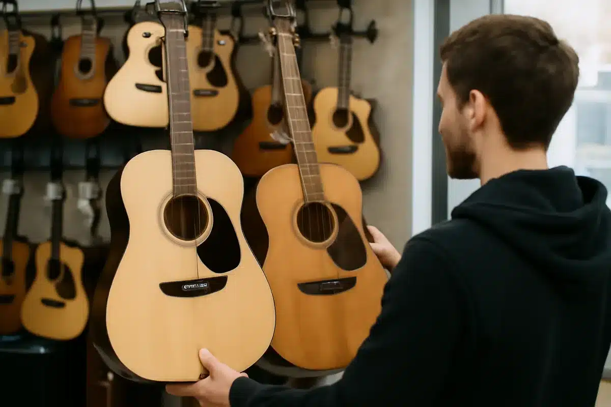 Guitare neuve ou guitare d’occasion, que choisir ? — Beaucoup de débutants hésitent entre neuf et occasion. Une guitare neuve offre une garantie constructeur et un réglage d'usine souvent satisfaisant, tandis qu'une guitare d’occasion peut proposer un meilleur rapport qualité-prix si