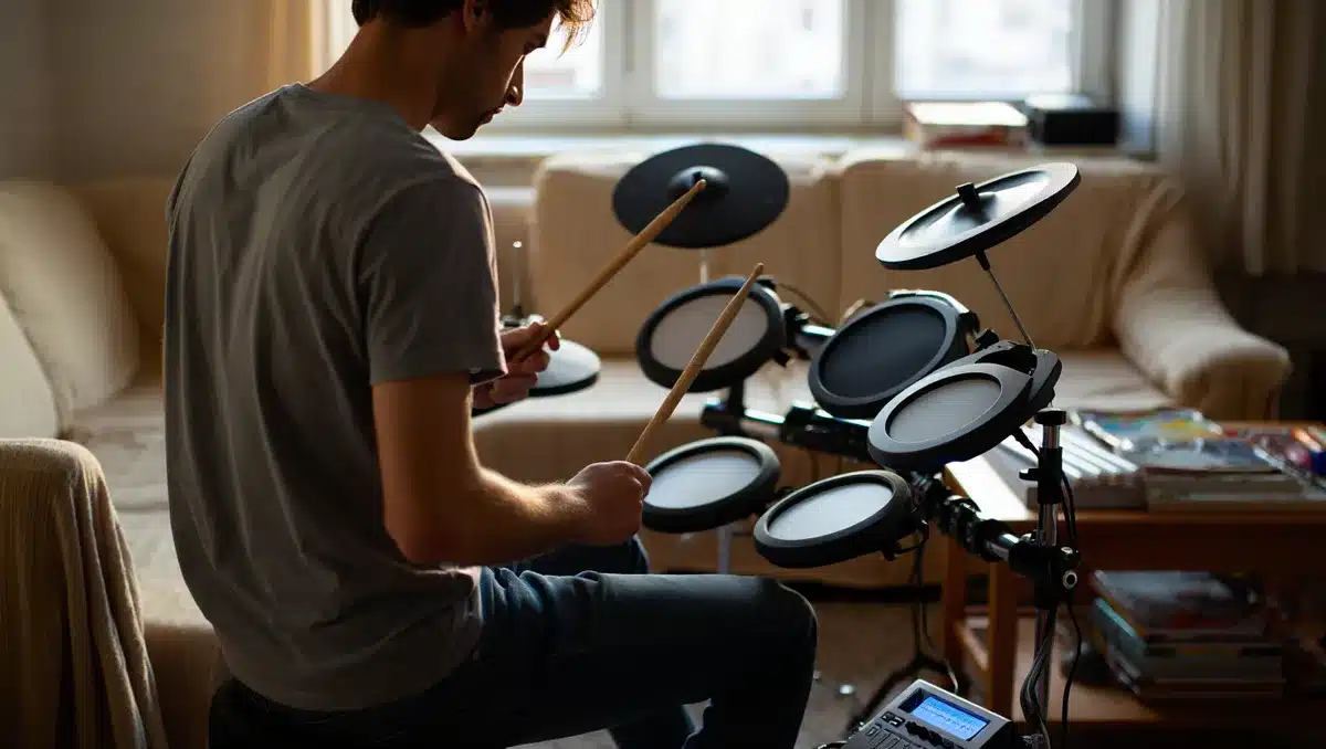 Pourquoi une batterie électronique s'entend-elle encore en appartement ? — Même lorsque le module envoie le son dans un casque, les éléments physiques continuent de produire des bruits. Les baguettes frappent des pads, les cymbales électroniques génèrent un claquement, et la