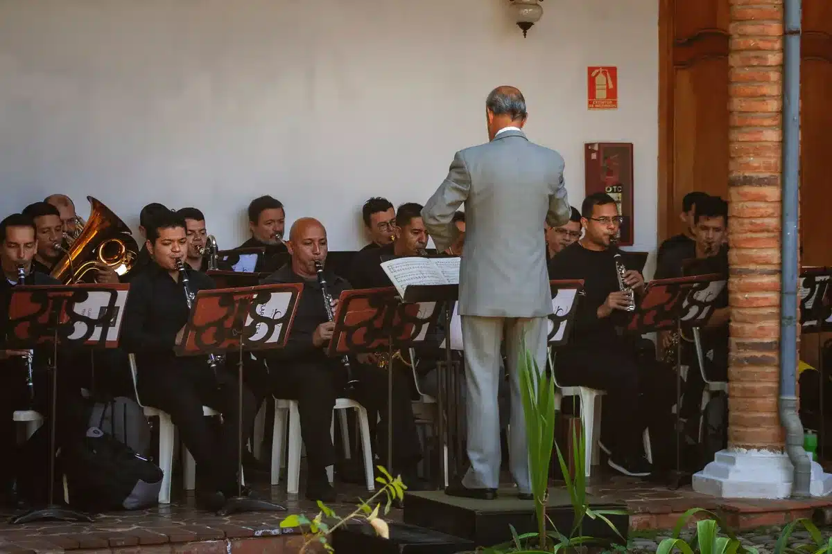 Musiciens jouant des instruments de bois et de cuivres dans un contexte d'orchestre